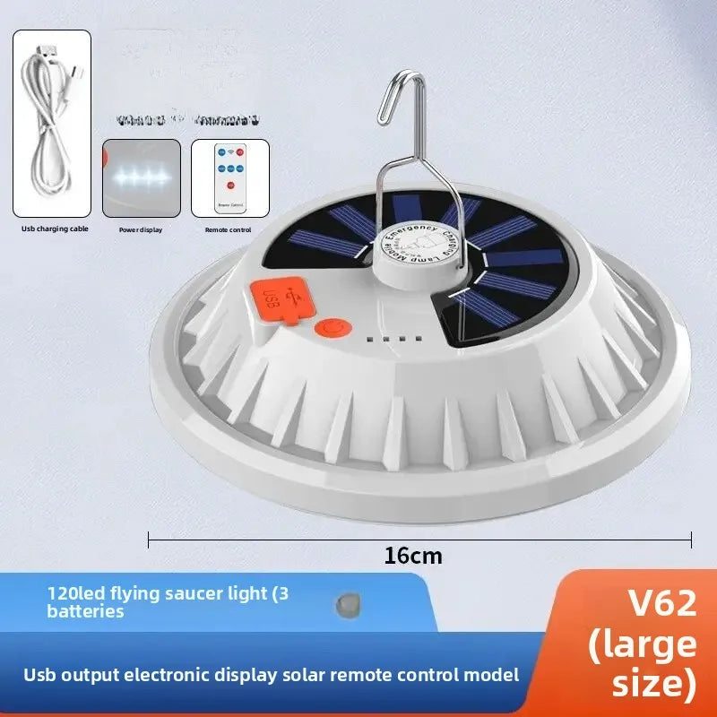 Carvallo Solar UFO-Campinglampa | Med fjärrkontroll | Uppladdningsbar & Bärbar | För utomhus, nödsituationer & nattmarknader