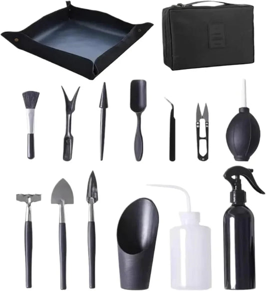 Carvallo MicroGarden Set 15-delat bonsai- & suckulentträdgårdsverktygsset | Med väska & planteringsmatta | För omplantering, beskärning & skötsel
