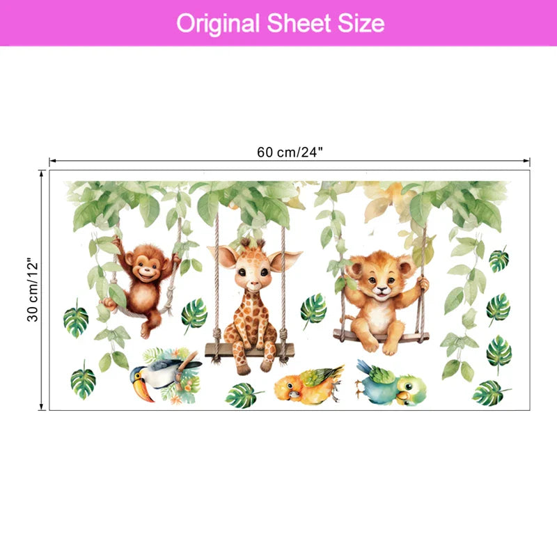 Carvallo JungleSwing väggdekal djur svänger i grenen | Rolig djungeldjurdekoration för barnrum