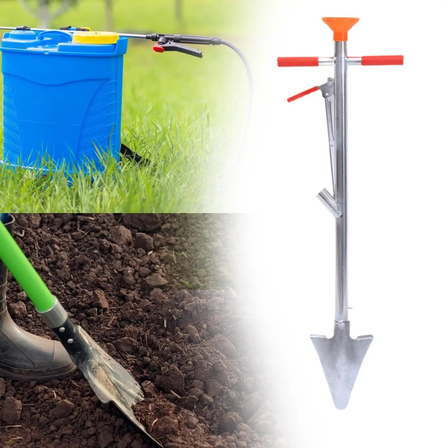 Carvallo DuoSpreader Multifunktionell gödsel spridare med skopa | 85 cm höjd | Robust järn | För fruktträd, majs & trädgårdsarbete