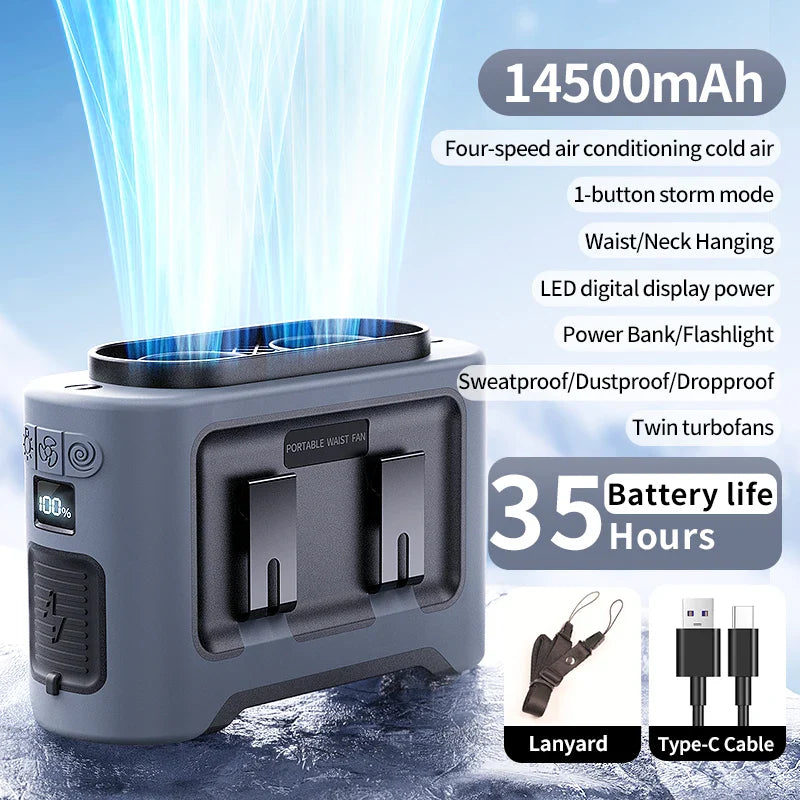 Carvallo StormClip Bärbar Utomhus-Bältesfläkt 2025 | 5-stegs Turbo-Vind | 360° Vridklipp | Powerbank & LED-ljus