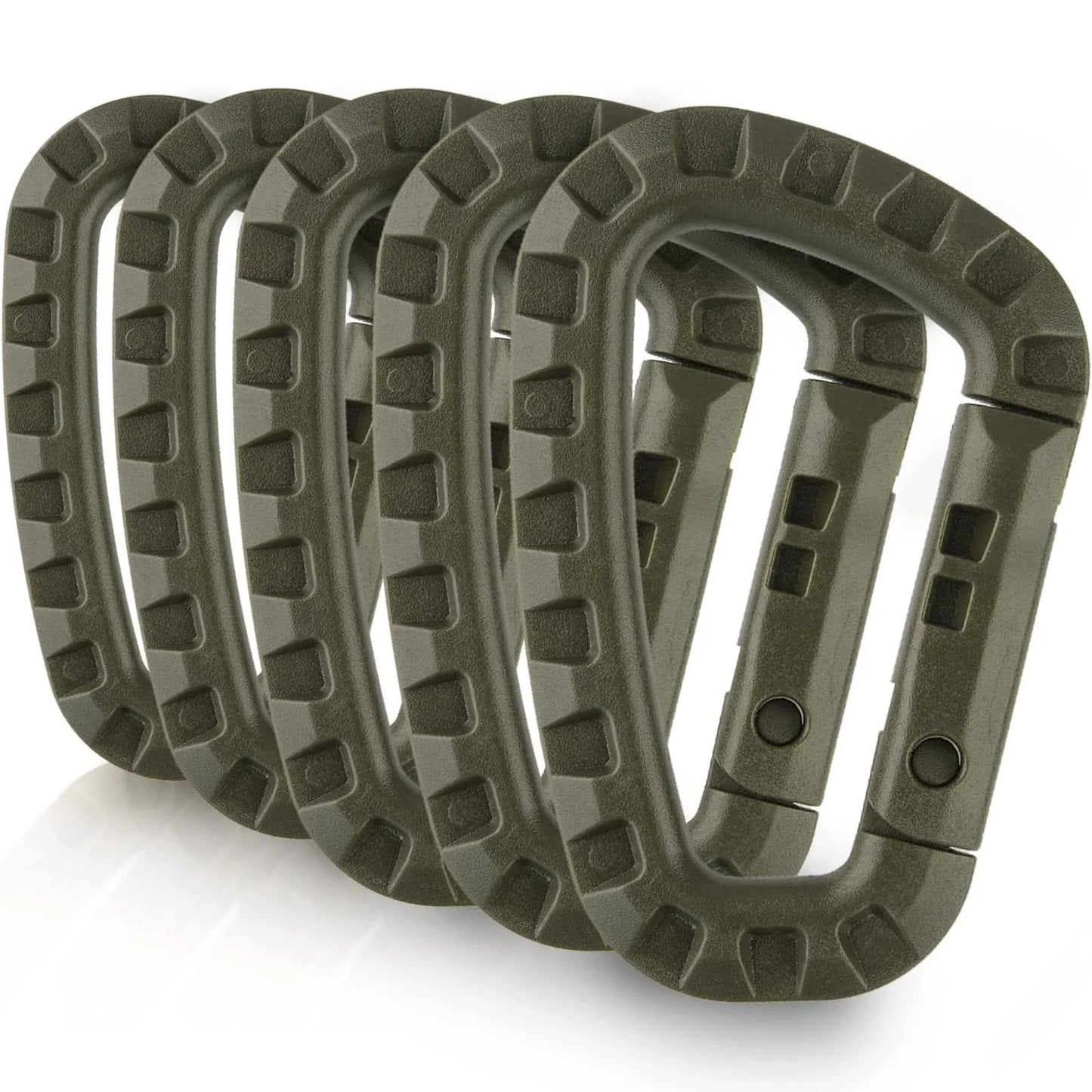 Carvallo 5-pack Taktiska karbinhakar D-form 8,5 × 6 cm | Molle-kompatibla plastklipp med fjädermekanism | Lätta & hållbara för camping, vandring & EDC