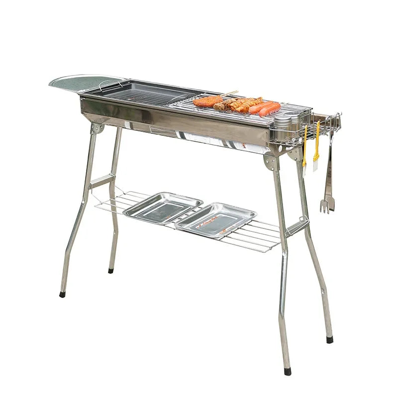 Carvallo Stort kolgrill i rostfritt stål | Hopfällbar & Bärbar | Utan montering | Med handtag | För trädgård & camping