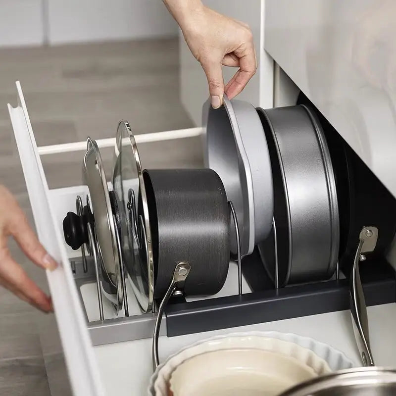 Carvallo Lock Pot Holder | Expandable Shelf with 7 Dividers | Stainless Steel &amp; Plastic | For Cabinet &amp; Work Surface