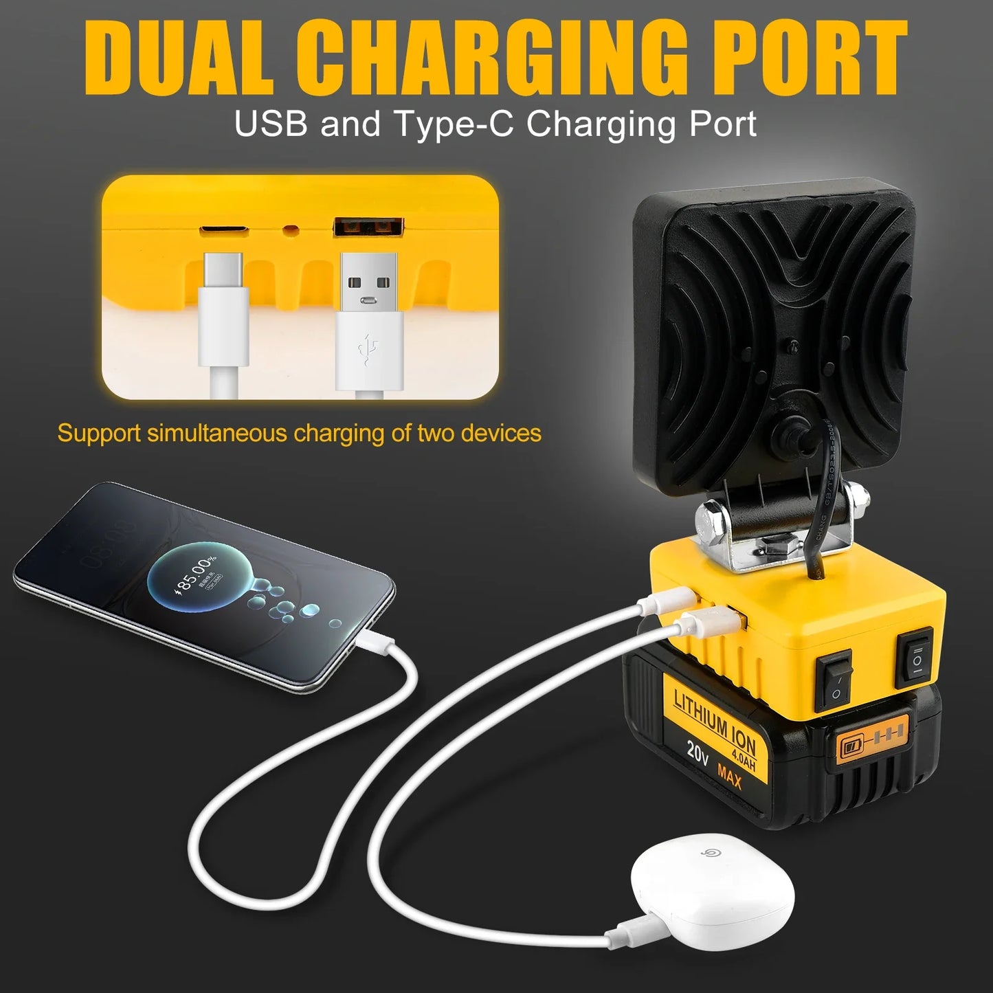 Carvallo 48 LED Arbetsljus | 48W Batteribygglampa | 5200 Lumen | USB-C Laddport | För DeWalt-batterier (utan batteri)