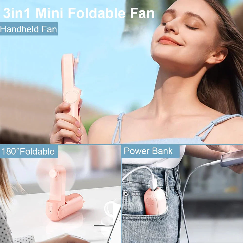 Carvallo Mini USB-fläkt | Fällbar &amp; Återuppladdningsbar med 2000 mAh Powerbank | 3 Hastigheter – Ultraljud &amp; Fickformat