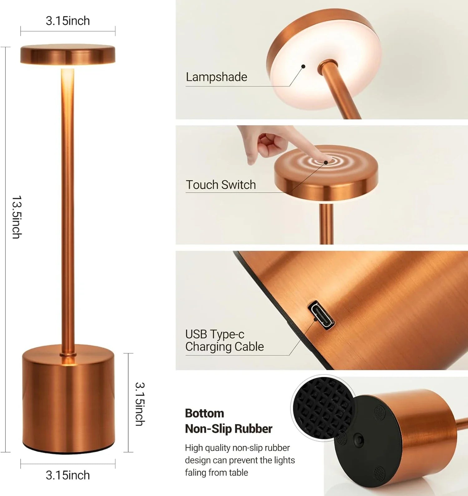 LumoTouch™ LED bordslampa | Trådlös &amp; Återuppladdningsbar | Touchsensor | 3-stegs dimmer | Modern aluminiumdesign