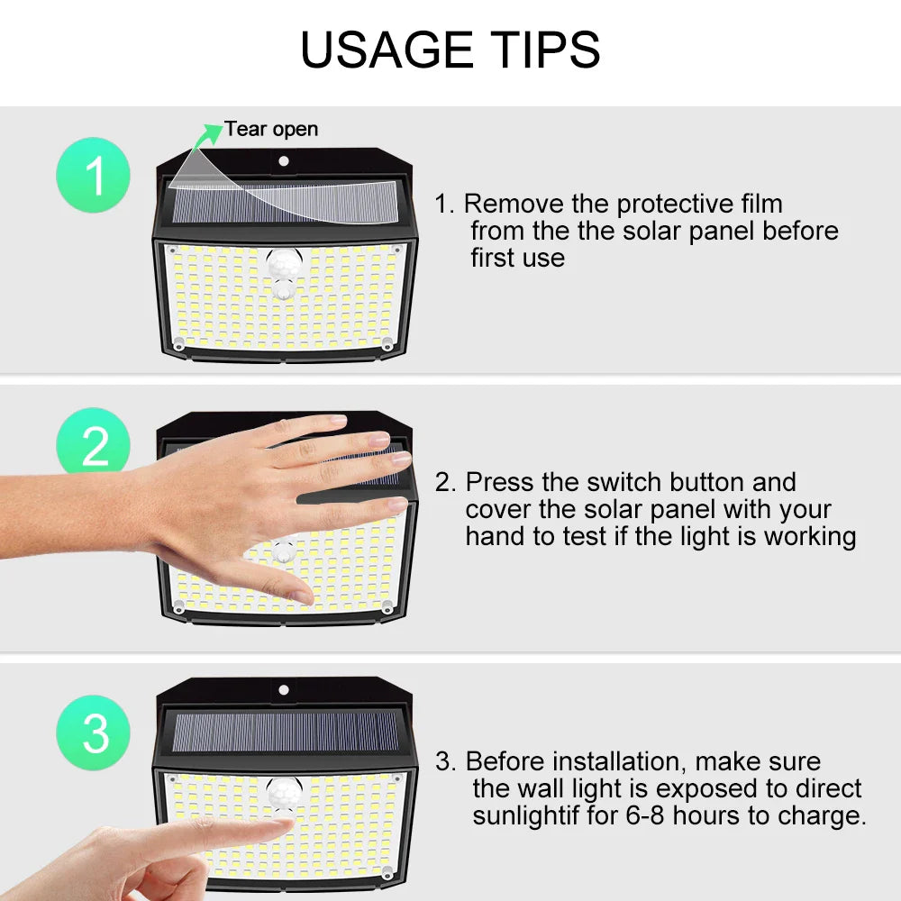 Carvallo Solar Vägglampa 158 LEDs | Rörelse sensor | IP65 Vattentålig | 180° Spridningsvinkel