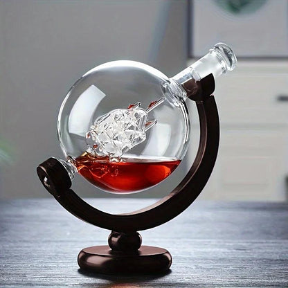 Exklusivt Globe-dekanter-set – Elegant, världsformad whiskey-dekanter med träställ