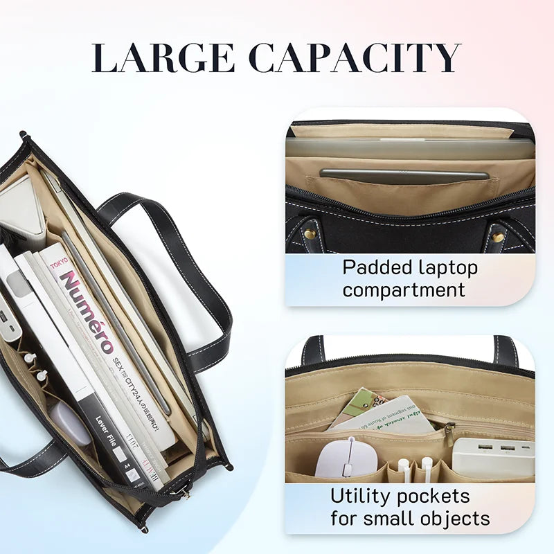 Carvallo Canvas Laptop-väska Dam 15,6 tum | Stor axelväska med fack för kontor, universitet och resor | Stilig handväska med axelremmar och laptopfack