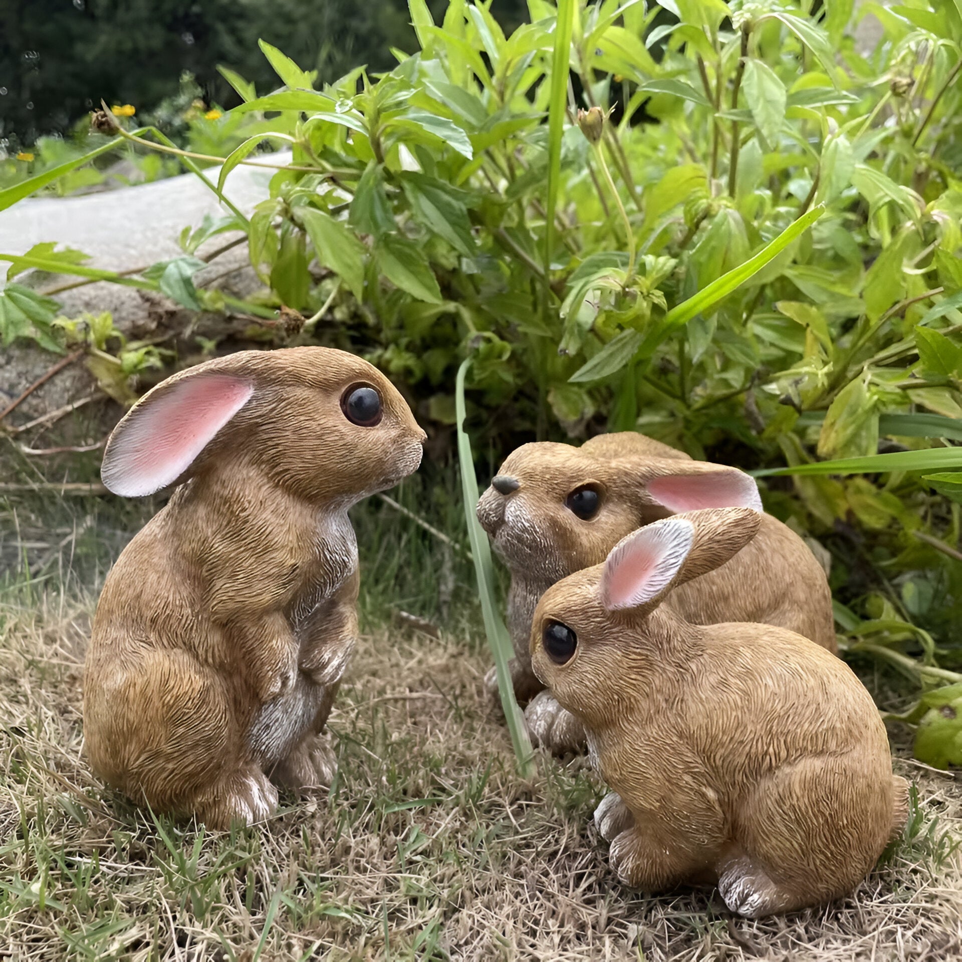 HoppyNest Statue - Dekorativt 3-delat kaninträdgårdsstaty-set
