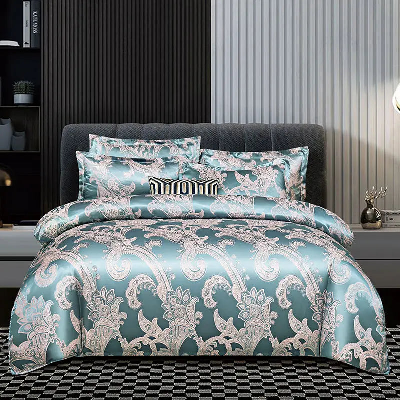 Wostar Satijn Rayon Jacquard Påslakan 220x240 Sommarluxus Dubbelsäng Duntäcke Sängkläder Set