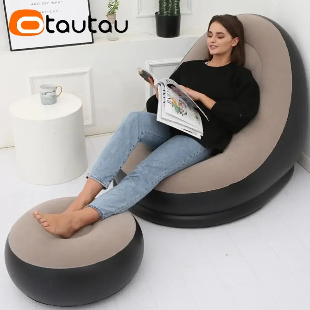 Carvallo Uppblåsbar Lounge Sittmöbel med Fotpall | Utomhus Avkopplingsstol | Ergonomisk & Bärbar | Flocktyg & PVC