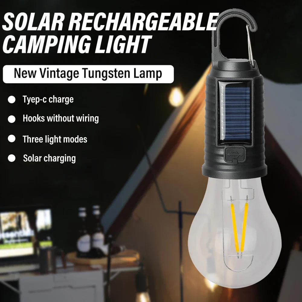 Carvallo Solar Campinglampa Vintage | Återuppladdningsbar via sol & USB | 3 ljuslägen | Bärbar & Vattentålig