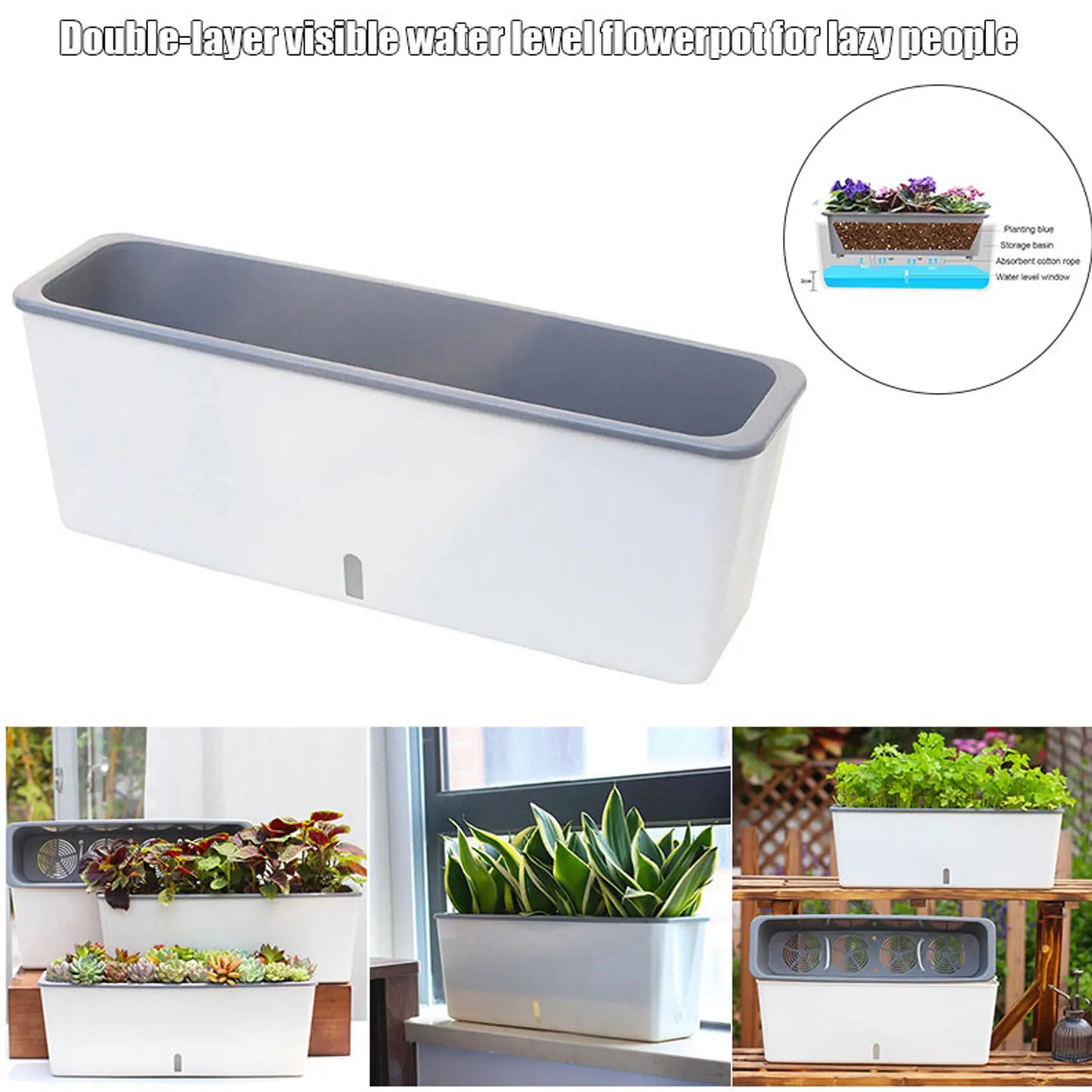 Carvallo planter med självbevattning | Inbyggd vattennivåindikator | Platsbesparande dualdesign | 43,5x12x11 cm