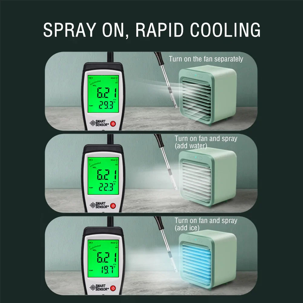 Carvallo Mini AirCooler | Bärbar 3-i-1 USB-fläkt med luftfuktare och kylfunktion | 3 lägen | 2500 mAh batteri | För kontor, resor och hem