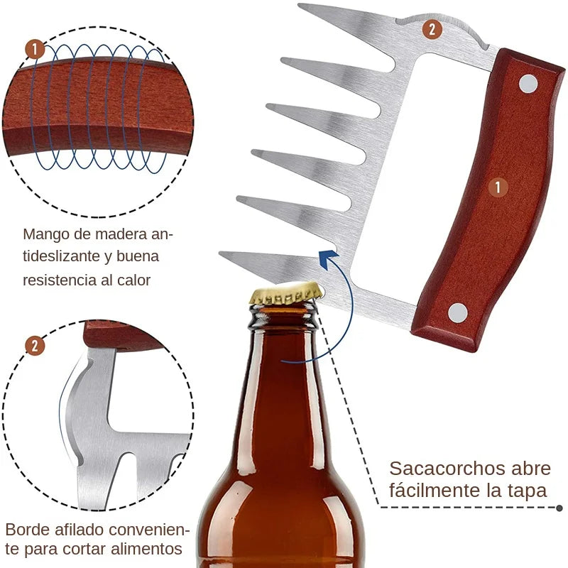 Carvallo BBQ köttklor i rostfritt stål | Med trähandtag & flasköppnare | Perfekt för Pulled Pork, kyckling & grillat kött