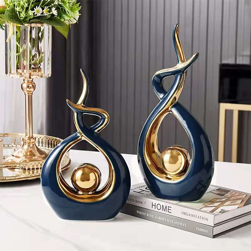 Abstrakt Keramisk Skulptur | Modern Inredning med Guld Accenter | Hylla eller Skrivbordsornament