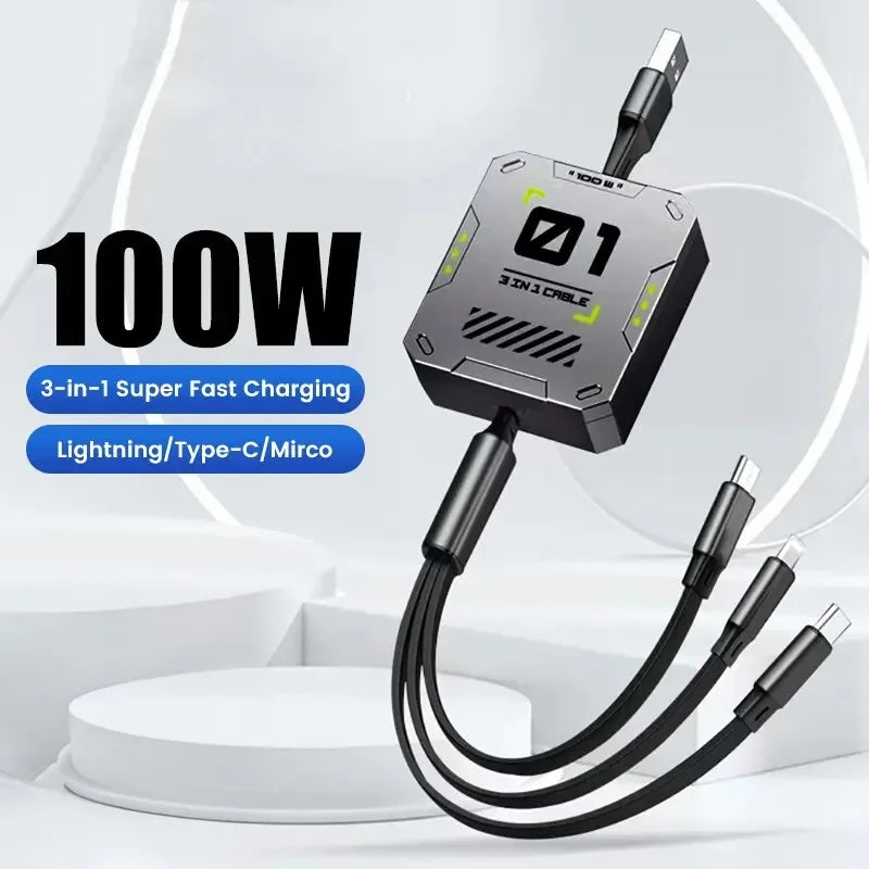 Carvallo 2-in-1 Laddkabel | Snabbladdning 100W | Utdragbar & Universell | FlexiCharge för iPhone, Android & USB-C