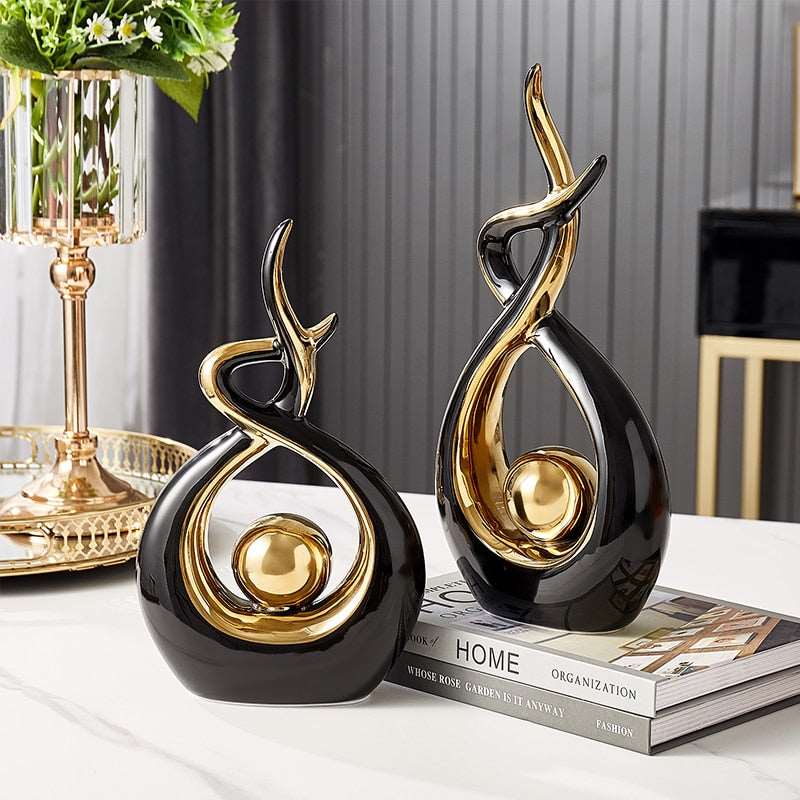 Abstrakt Keramisk Skulptur | Modern Inredning med Guld Accenter | Hylla eller Skrivbordsornament