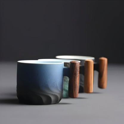 Keramik-kaffekopp med trähandtag – Retro-design, Robust och stilfull | Perfekt för kaffe och te
