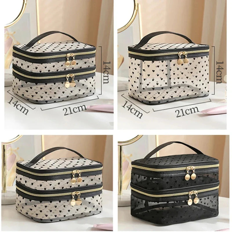 Carvallo TravelMesh kosmetikväska med dubbelfack | Stort volym & dragkedja | Svart & Transparent