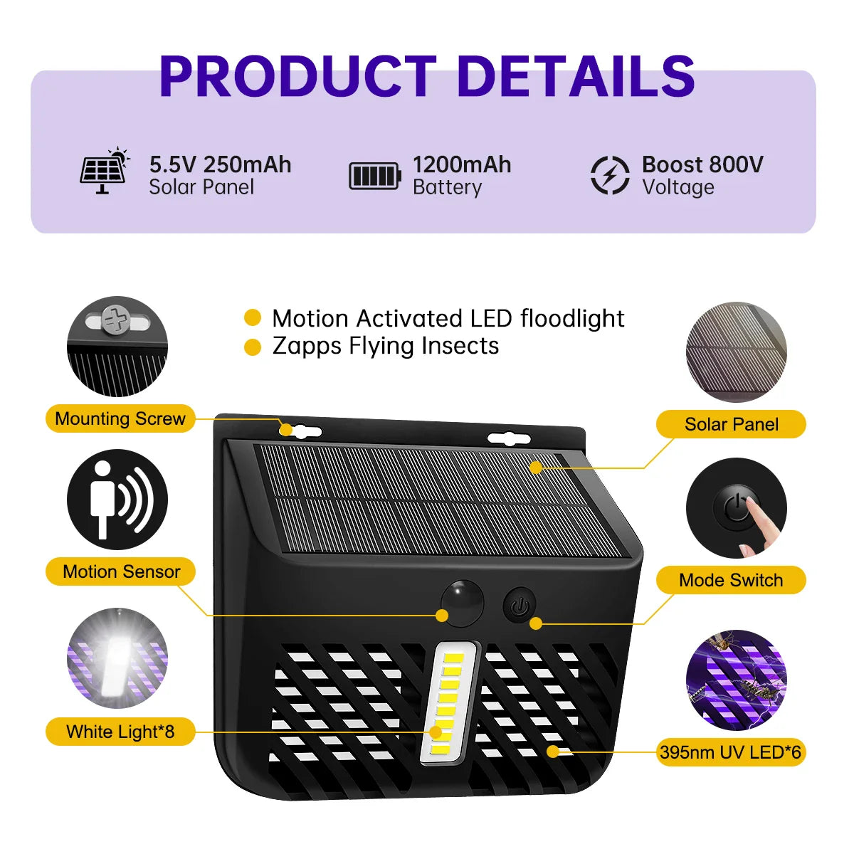 Carvallo | Solar-Insektutrotare med LED-ljus | UV-myggholk för trädgård och terrass | 2 driftslägen | Vattentät