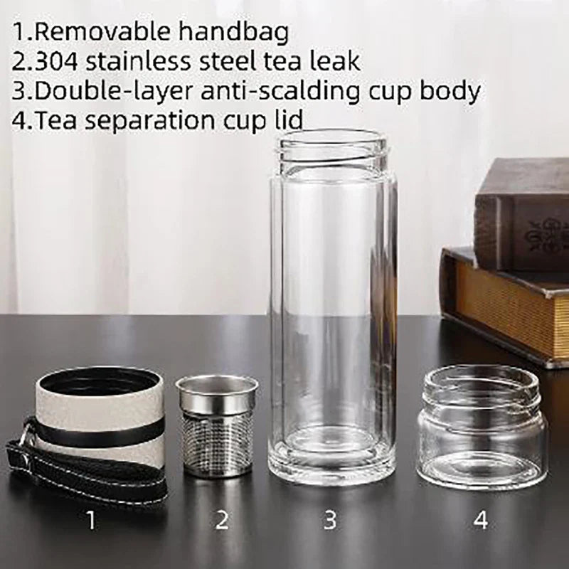 Royelux Glass Tea Infuser Bottle – 450ml Dubbelväggad Tumbler för Löst Te &amp; K herbalte