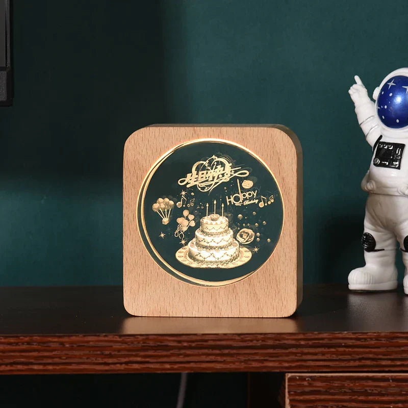 LumiWood - 3D Trä Nattlampa med Gravyr och Varm LED-belysning