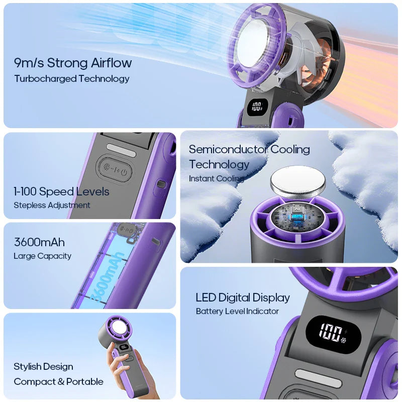 Carvallo Handfläkt med Ice-Cool-teknologi | 100 hastighetssteg | 3600mAh batteri | Fällbar & Ultralätt