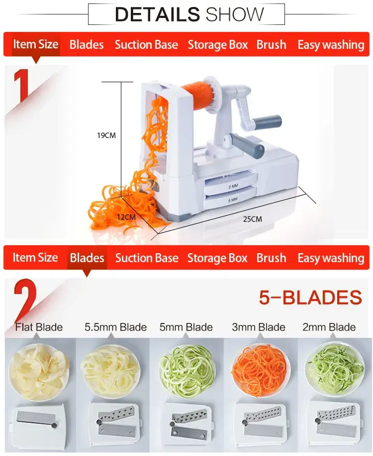Royallure 7-bladig grönsaksspiralisator – Zucchini-nudeltillverkare och zoodle-tillverkare med sugkopp och förvaringskorg