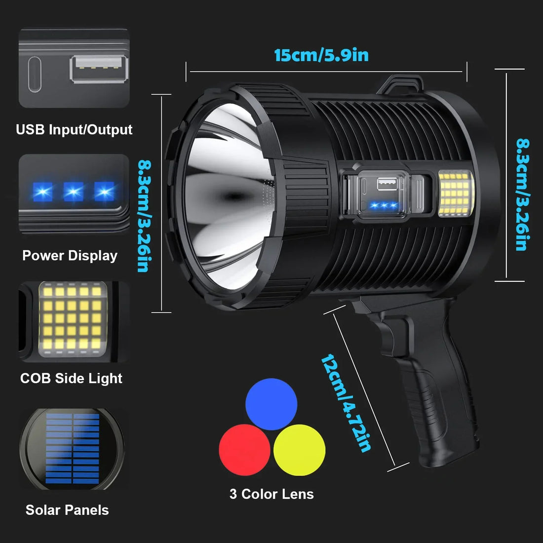 Carvallo LuminexPro 900K | 900.000 Lumen | 10000 mAh Batteri | Sol &amp; USB Laddningsfunktion | IPX5 Vattentålig