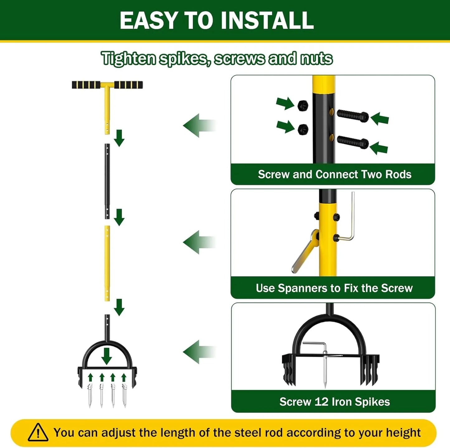 Carvallo AirCore Pro 2-i-1 Handgräsmatta-luftare av stål | Med 16 spikar & 8 jordkärnor | För trädgård, gräsmatta & markvård