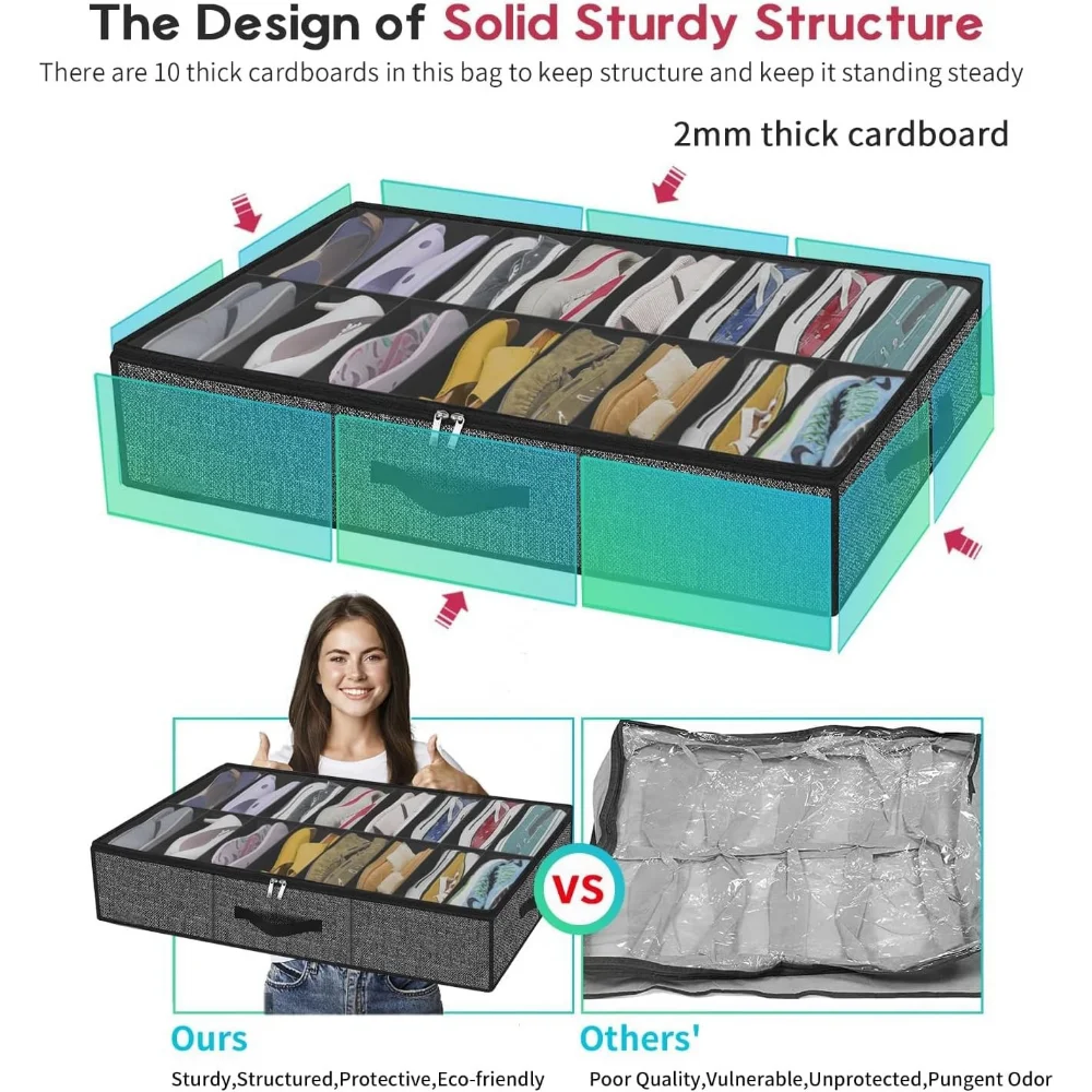 Carvallo Skoförvaringslåda | Underbäddsförvaring för 12 par | Fällbar & Dammtät | Med fönster