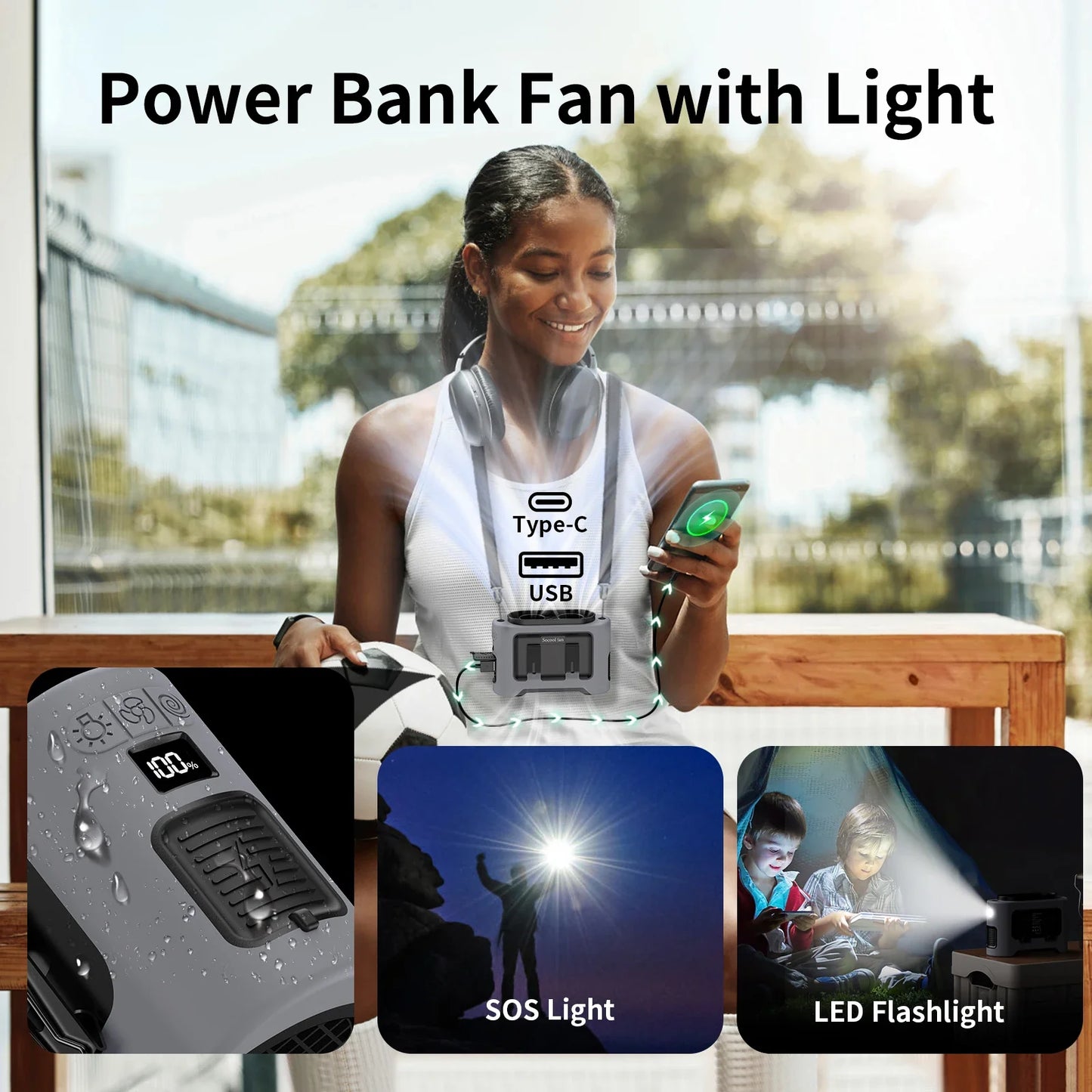 Carvallo StormClip Bärbar Utomhus-Bältesfläkt 2025 | 5-stegs Turbo-Vind | 360° Vridklipp | Powerbank & LED-ljus