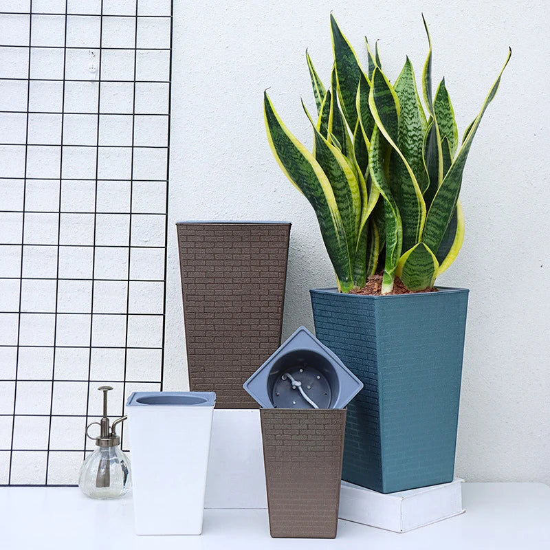 Carvallo StylePot Blumentopf i tegelsten-design | Rektangulär & Hög | Självvattnande med bomullssnöre | 27,2×12×17,5 cm / 17,2×12×8,6 cm