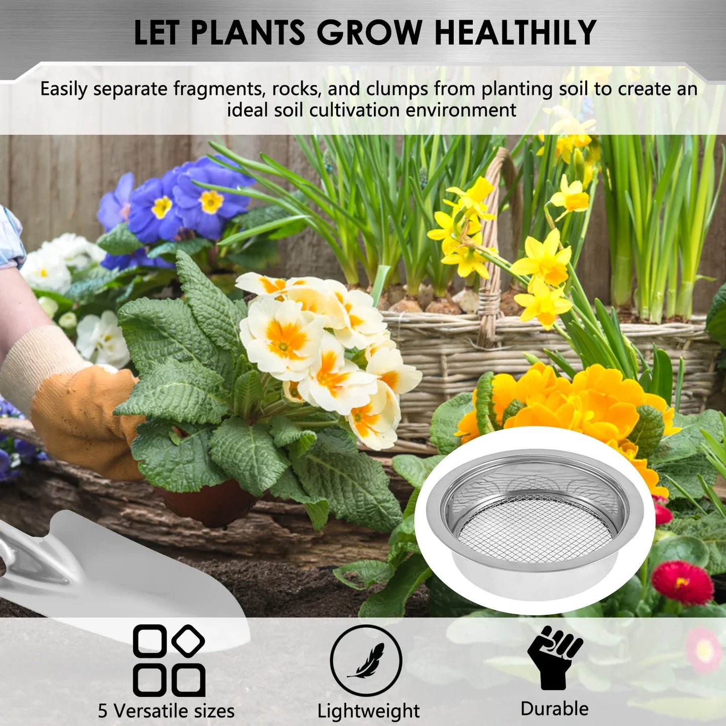 Carvallo Pro | Edelstahl Bodensieb-Set | 5 Wechselbare Siebe (1–12 mm) | Ø 24 cm | Für Erde, Sand & Kompost | Inkl. Schaufel