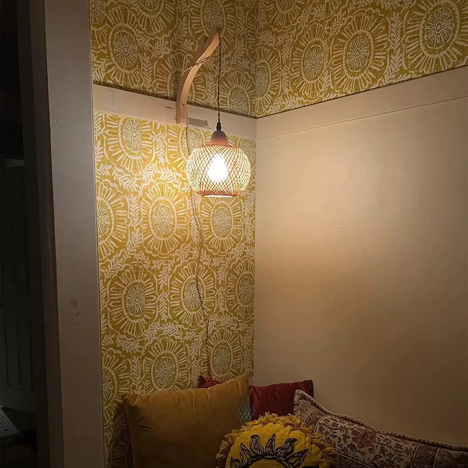 Bohemisk Vägghängd Lampa Rustik Trä Wan