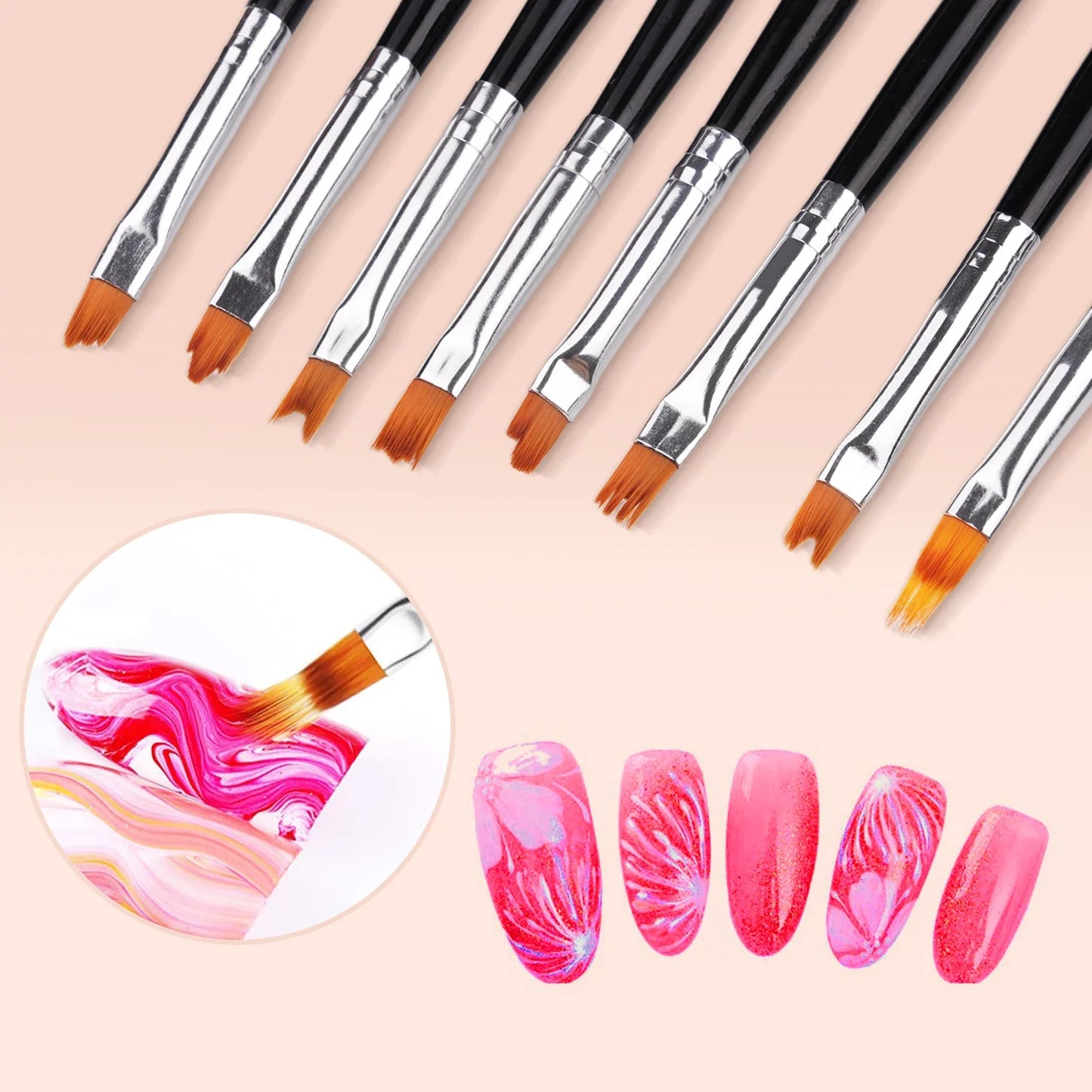 Carvallo-penselsæt NailMuse 8-pak | Fine detaljpenner til gel og neglekunst | Træhåndtag | Fås i 5 farver