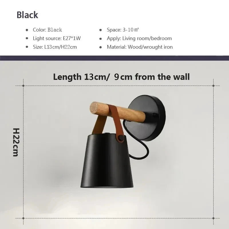 NordicGlow - LED Vägglampa med Trädetaljer och Läderrem