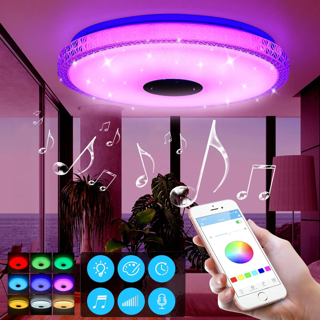 Lunavi Crystal | LED-taklampa med Bluetooth-högtalare och RGB-färgskiftning