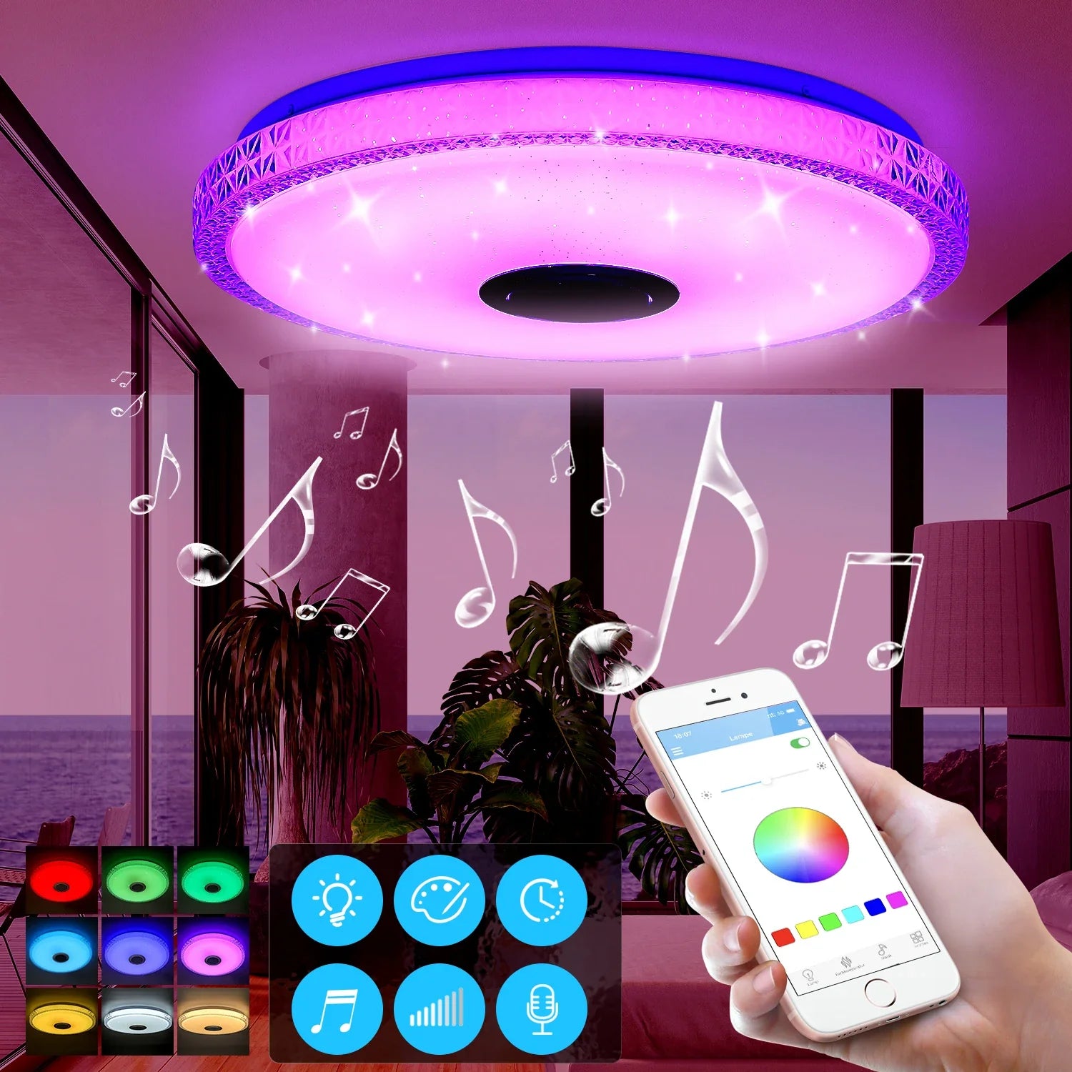 Lunavi Crystal | LED-taklampa med Bluetooth-högtalare och RGB-färgskiftning