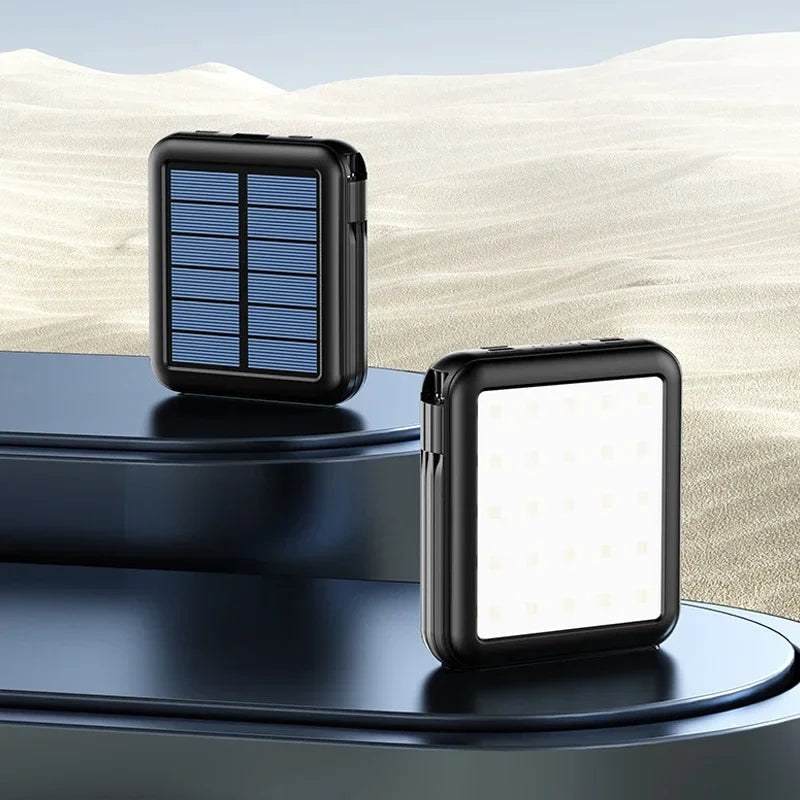 Carvallo Powerbank ENERIVIA Mini 20000mAh | Integrerade kablar | Solarladdning & LED-lampa | 4 utgångar & 3 ingångar | Snabbladdningsfunktion