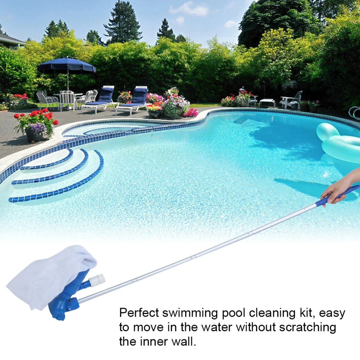 Poolrengöringsset med teleskopstång – nätfilter och tillbehör för poolskötsel