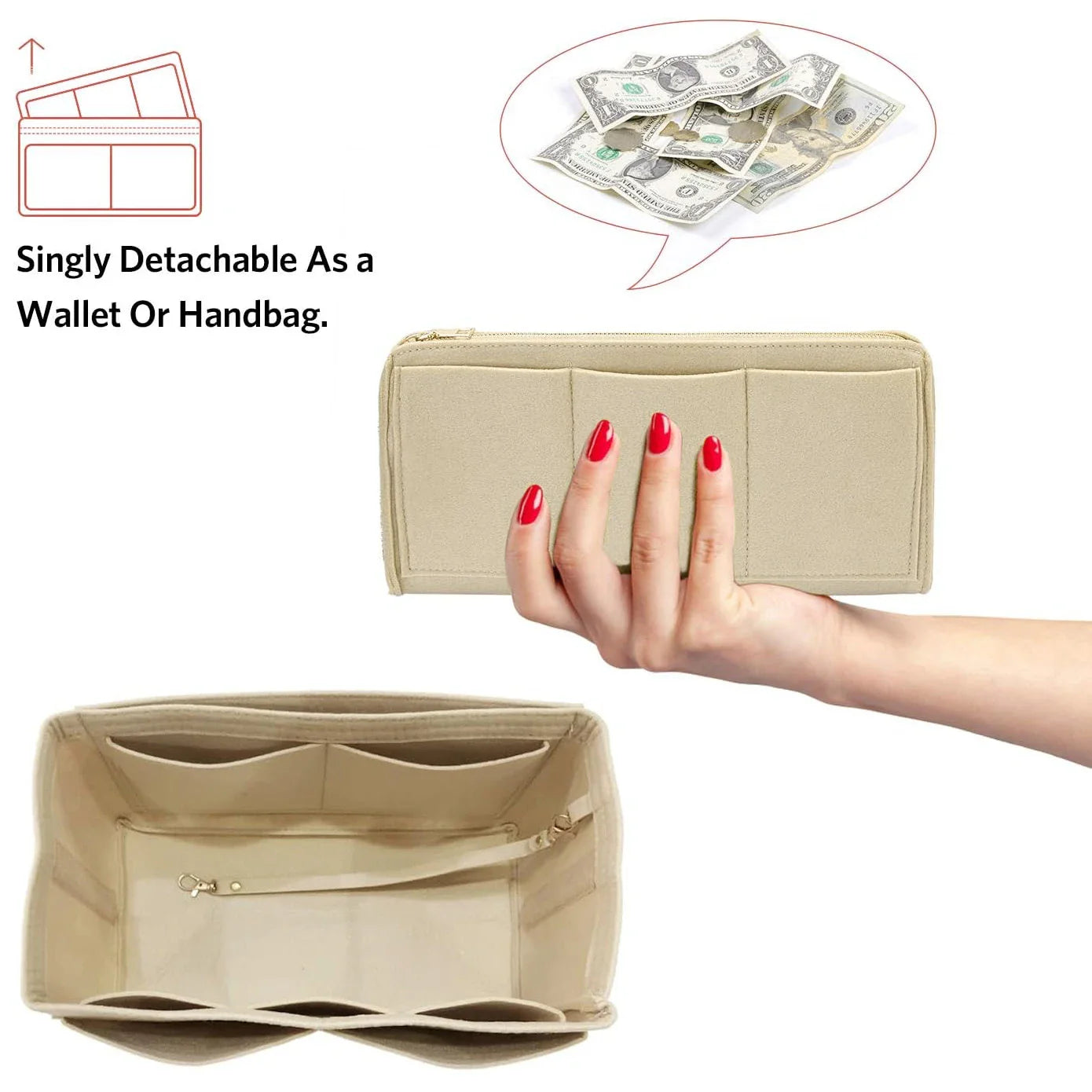 Carvallo Organizer Inlay | Filzinsats med dragkedja | 15 fack & nyckelband | För handväskor & shoppare