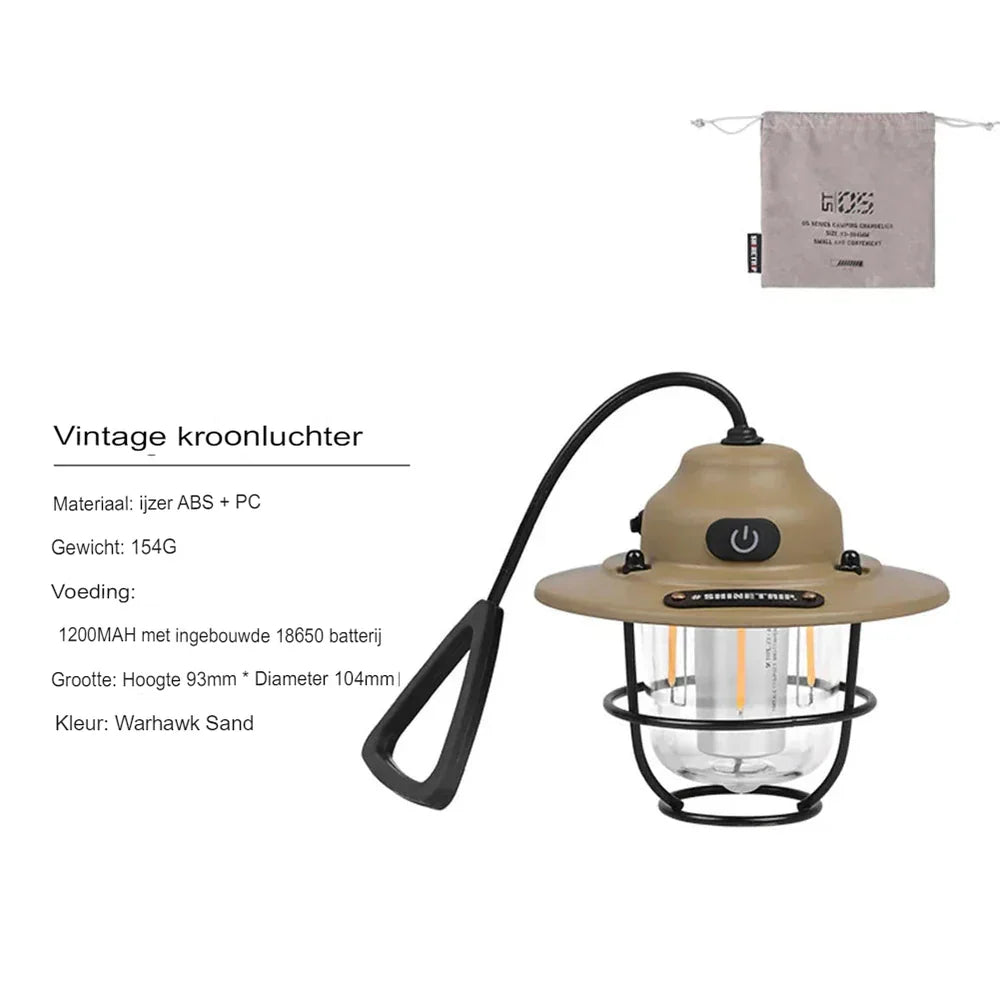 Carvallo LED campinglampa Lumora RetroLite | Uppladdningsbar | Justerbart ljus | Vintage-design | Väderbeständig & USB-laddning