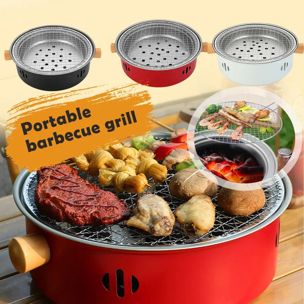 Carvallo Koreansk kolgrill rund | Bärbar BBQ-ugn av järn | 32 × 10 cm | Non-stick grillgaller | För camping och utomhus