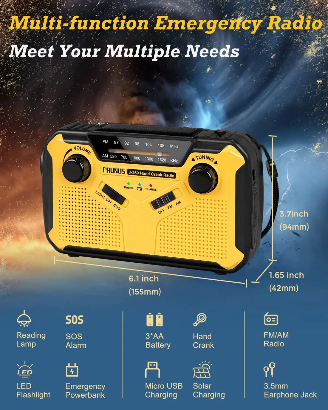 Carvallo Nödradio med 4-faldig strömförsörjning | 3000 mAh Powerbank | LED-ficklampa, läsarmatur &amp; SOS-alarm