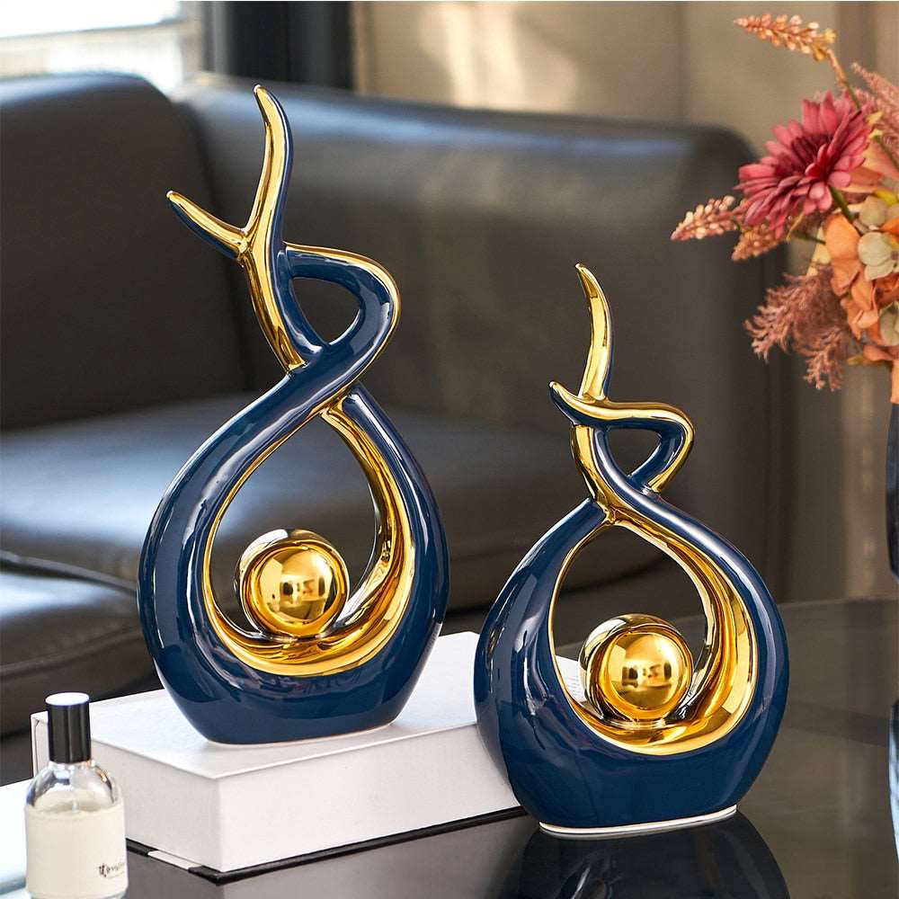 Abstrakt Keramisk Skulptur | Modern Inredning med Guld Accenter | Hylla eller Skrivbordsornament