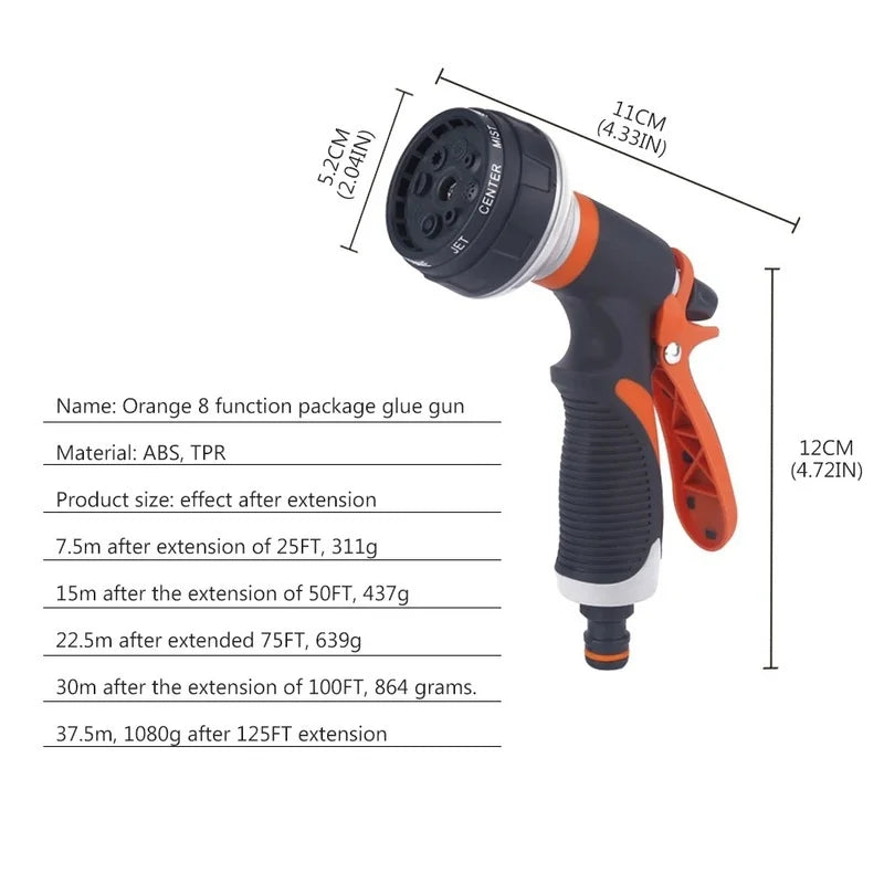 Carvallo MultiJet trädgårdssprutepistol med 8 funktioner | Högtrycksvattenpistol för bil, balkong &amp; växter | Utan elektricitet | Orange